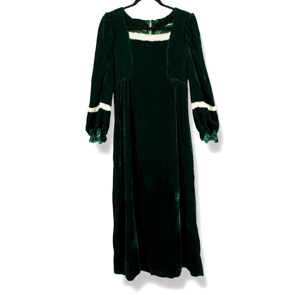 Vintage Green Velvet Lace Trim Renaissance Maxi Dress Long Sleeve Sz Small